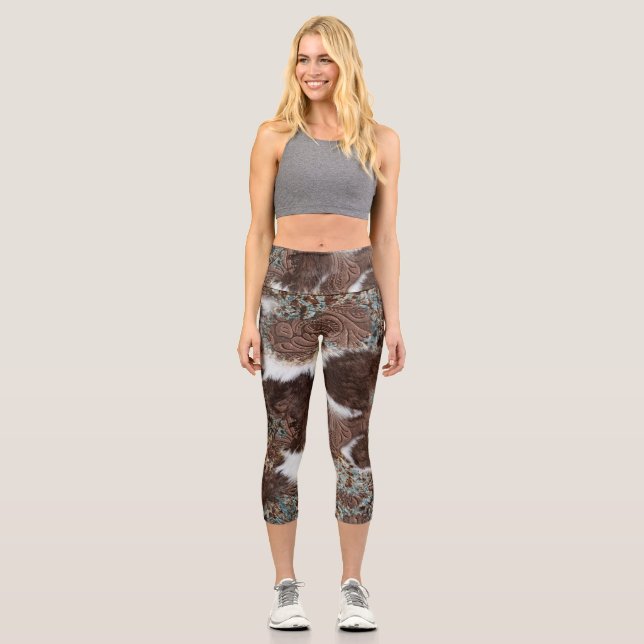 Rustikales Südwestküstenbraunes Ledermuster Capri Leggings (Vorderseite)