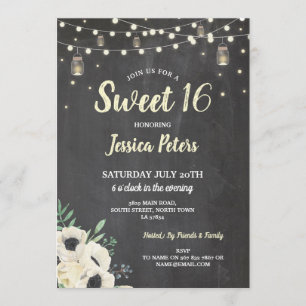 Rustikales süß 16 Party Chalk Jars Creme Fireflies Einladung