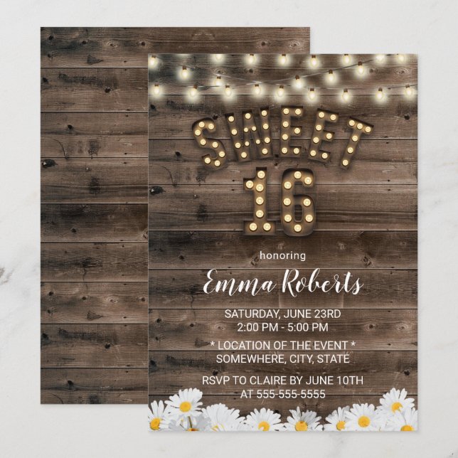 Rustikales Sweet 16 Daisy Blume Barnholz Einladung (Vorne/Hinten)