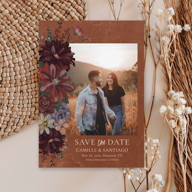Rustikales Terracotta Floral Foto Save the Date Ka (Moody Terracotta Floral Photo Save the Date Card)