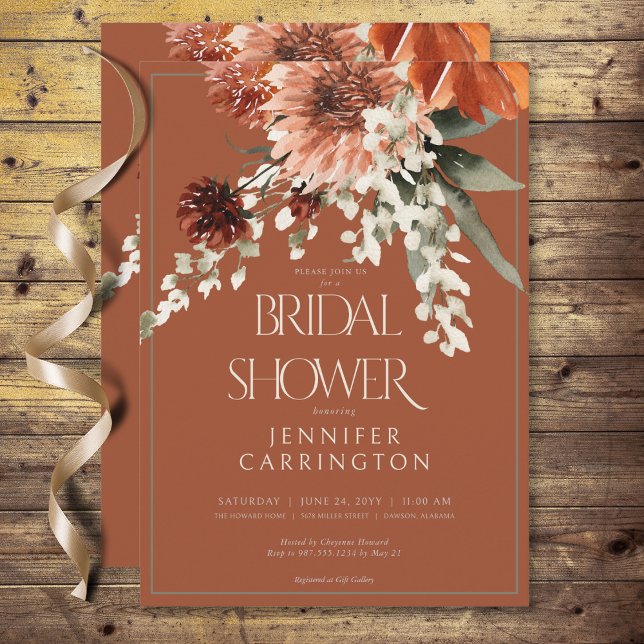 Rustikales Terracotta Rost Blume Brautparty Einladung (Rustic Terracotta Rust Flowers Bridal Shower Invitation)