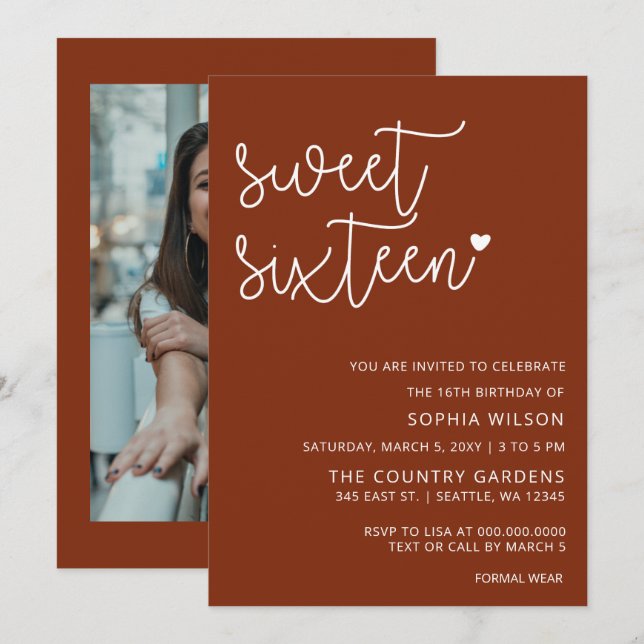 Rustikales Terracotta Script Sweet 16 Birthday Fot Einladung (Vorne/Hinten)