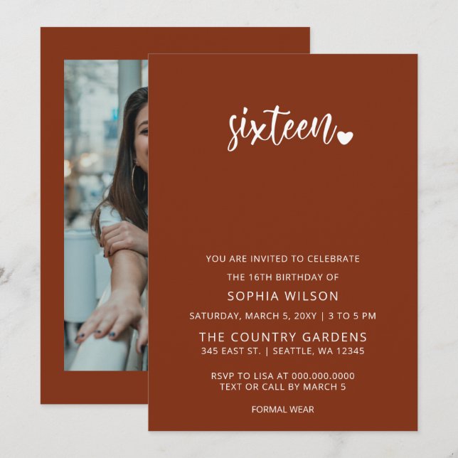 Rustikales Terracotta Script Sweet 16 Birthday Fot Einladung (Vorne/Hinten)