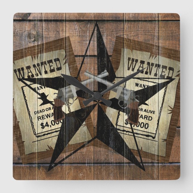 Rustikales Texas Star Western Duale Pistolen Gewol Quadratische Wanduhr (Vorderseite)