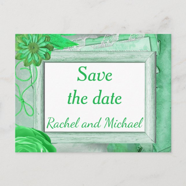 Rustikales Thema Save the Date grün Ankündigungspostkarte (Vorderseite)
