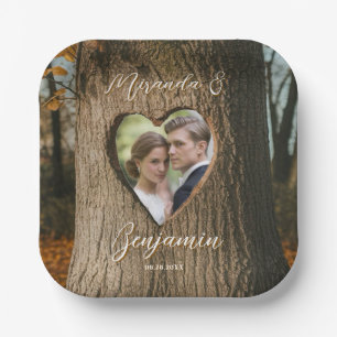 Rustikales Tree Bark Heart Foto Wedding Pappteller