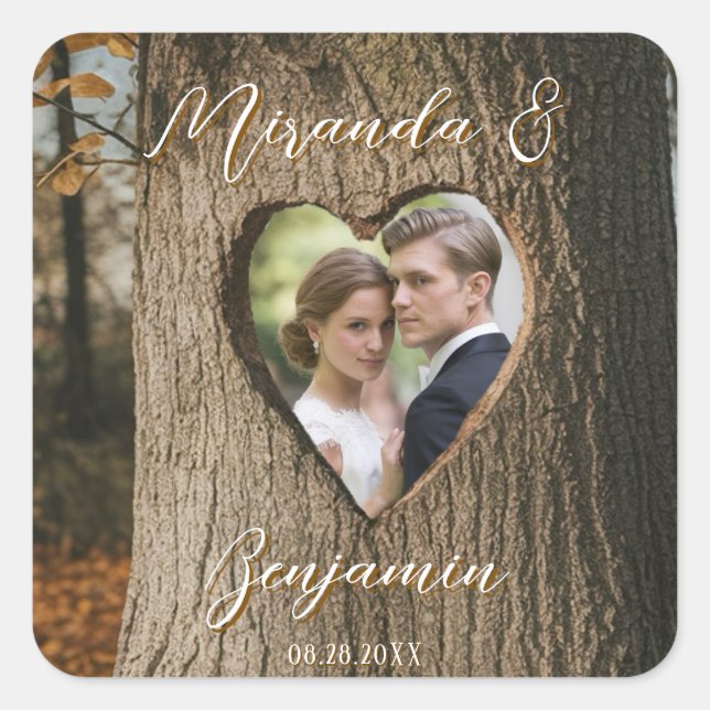 Rustikales Tree Bark Heart Foto Wedding Quadratischer Aufkleber (Vorderseite)