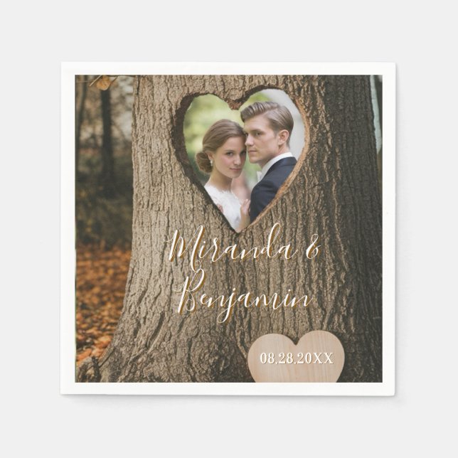 Rustikales Tree Bark Heart Foto Wedding Serviette (Vorderseite)