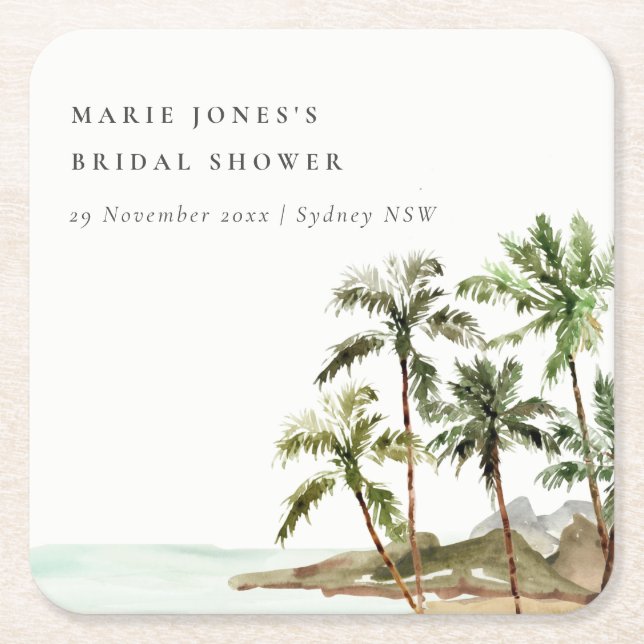 Rustikales Tropical Palm Tree Beach Sand Brautpart Rechteckiger Pappuntersetzer (Vorderseite)