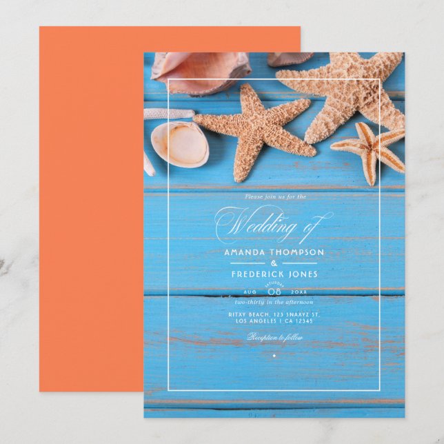 Rustikales Türkis und Coral Beach Wedding Einladung (Vorne/Hinten)