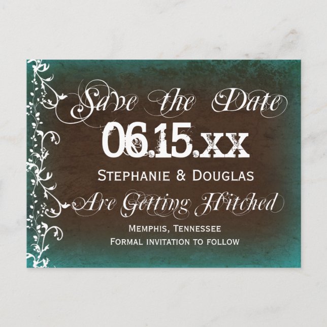 Rustikales Türkisbraun Save the Date Postkarten (Vorderseite)