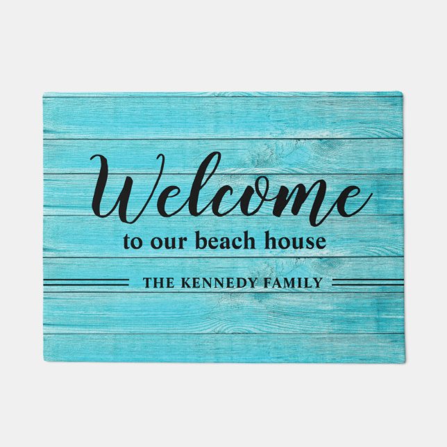 Rustikales türkisfarbenes Beach House Familienname Fußmatte (Vorderseite)