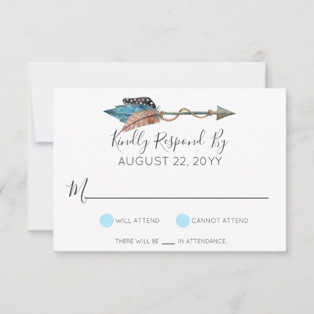 Rustikales türkisfarbenes Holzfeathers Arrow Weddi RSVP Karte (Vorderseite)