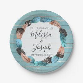 Rustikales türkisfarbenes Wood Feather Wreath Boho Pappteller