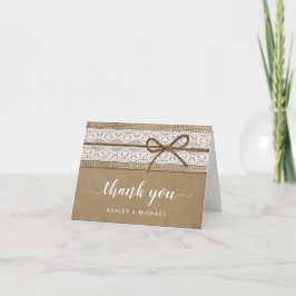 Rustikales und elegantes Lace Burlap Script Vielen Dankeskarte