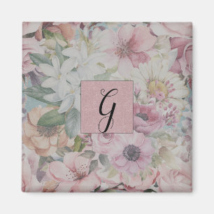 Rustikales Vintag Blush Pink Blumenmuster Monogram Magnet