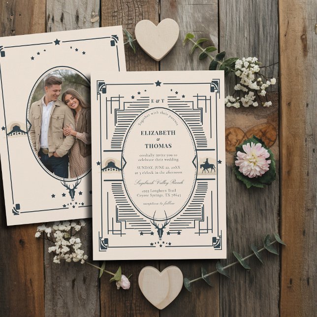 Rustikales Vintag Cowboy Country Wedding Foto Einladung (country wedding invitation rustic vintage cowboy frame elegant western theme blue beige photo)