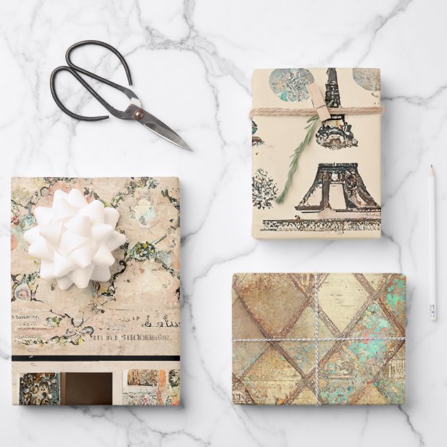 Rustikales Vintag Romantisches Paris Geschenkpapier Set (Vorderseite)