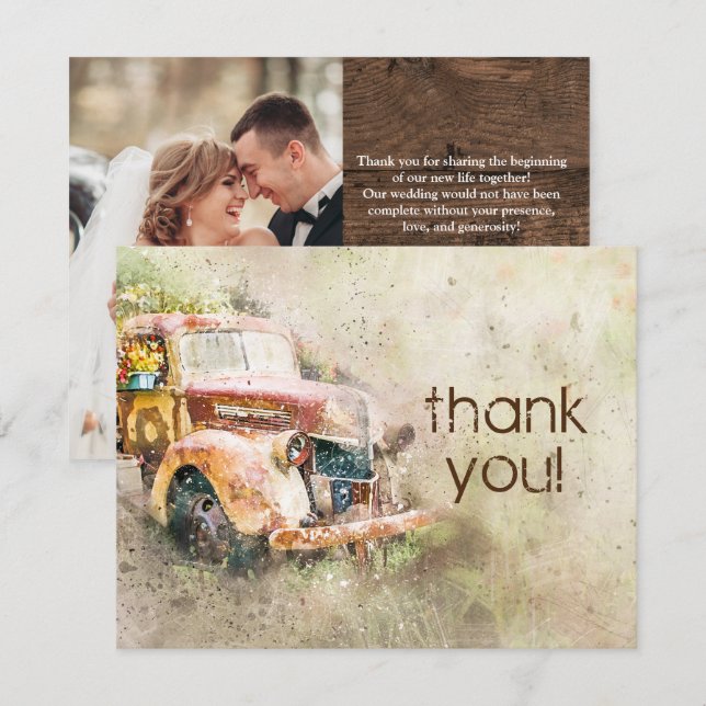 Rustikales Vintag Truck Wedding Foto Vielen Dank Einladung (Vorne/Hinten)