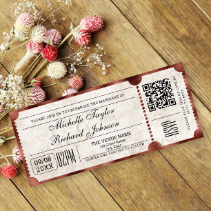 Rustikales Vintage-Kino-Ticket mit RSVP-QR-Code Einladung