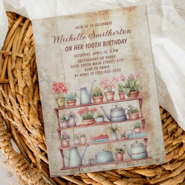 Rustikales Vintages Bauernhaus Küche 100. Geburtst Einladung (Farmhouse kitchen plants and teapots birthday party invitation)