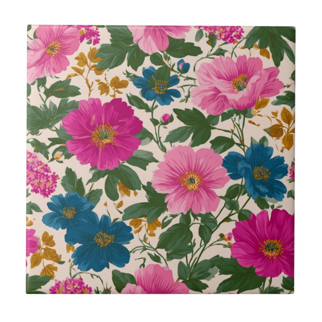 Rustikales Vintages Blau- und rosa Blumenmuster Fliese (Vorderseite)