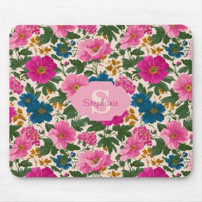 Rustikales Vintages Blau- und rosa Blumenmuster Mousepad (Vorne)