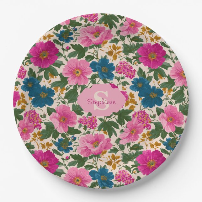 Rustikales Vintages Blau- und rosa Blumenmuster Pappteller (Vorderseite)