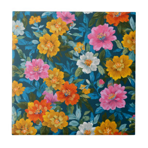 Rustikales Vintages Blumenmuster in Blau (2) Fliese
