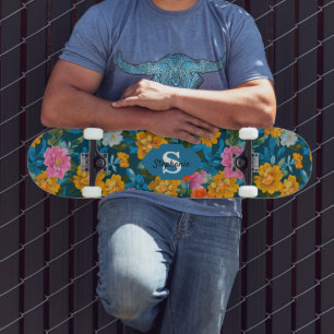 Rustikales Vintages Blumenmuster in Blau (2) Skateboard