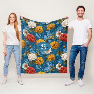 Rustikales Vintages Blumenmuster in blau Fleecedecke