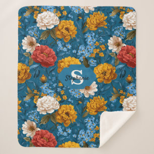 Rustikales Vintages Blumenmuster in blau Sherpadecke
