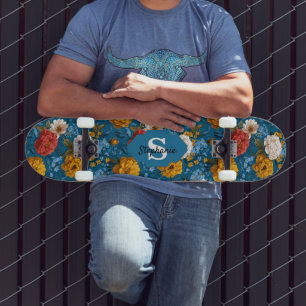 Rustikales Vintages Blumenmuster in blau Skateboard
