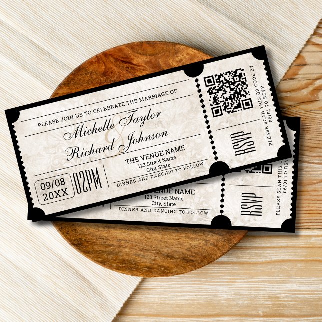 Rustikales Vintages Filmticket mit UAWG QR-Code Einladung (vintage damask movie ticket invitation)