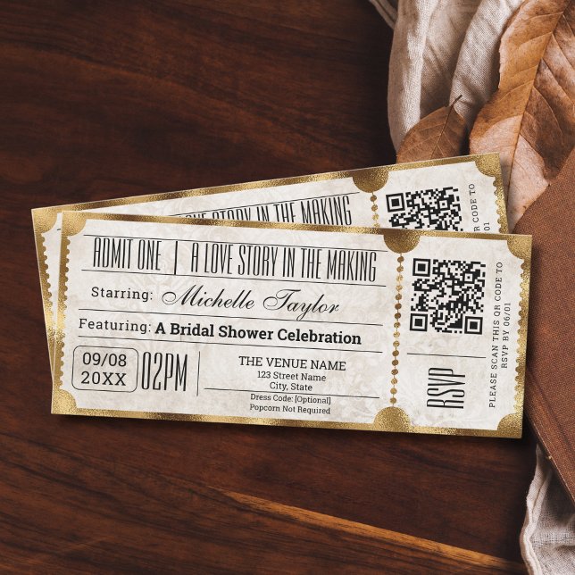 Rustikales Vintages Filmticket mit UAWG QR-Code Einladung (vintage movie ticket with golden foil background)