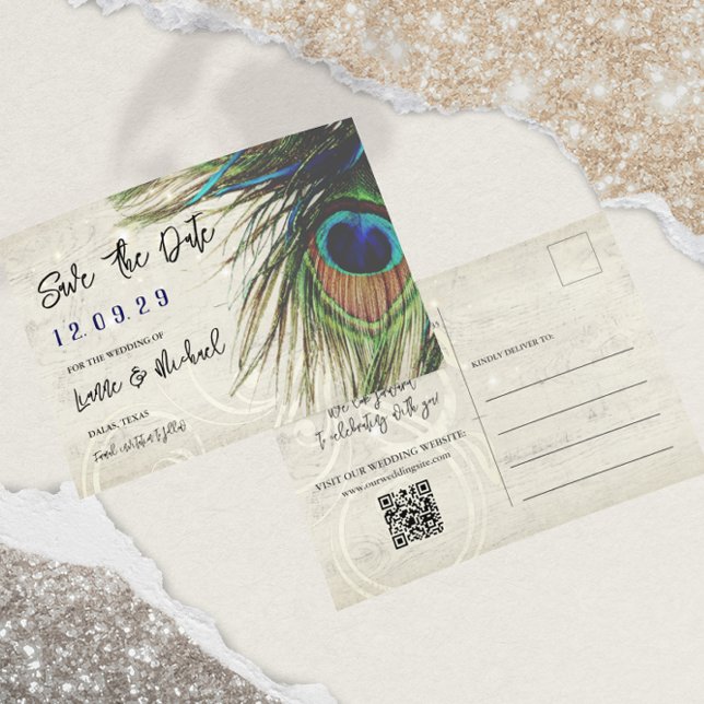 Rustikales Vintages Holz Navy Türkis Peacock Ankündigungspostkarte (Von Creator hochgeladen)
