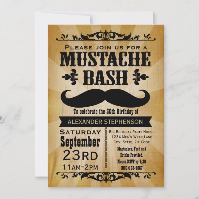 Rustikales Vintages Mustache Bash Party Einladung (Vorderseite)