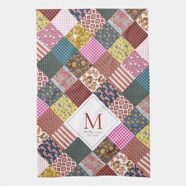 Rustikales Vintages Patchwork Quilt Muster Monogra Geschirrtuch (Vertikal)