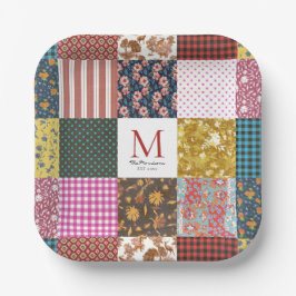 Rustikales Vintages Patchwork Quilt Muster Monogra Pappteller