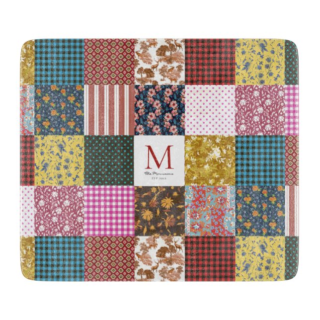 Rustikales Vintages Patchwork Quilt Muster Monogra Schneidebrett (Vorderseite)
