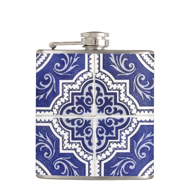 Rustikales Vintages portugiesisches Fliesenmuster  Flachmann (Vorderseite)