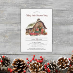 Rustikales Vintages Red Truck Party Feiertagskarte<br><div class="desc">Rustikale Vintage Red Truck Barn Weihnachtskarte Party Holiday Card - mit einer festlichen Weihnachtsstall, die alle für die Ferien ausgekleidet. Ein Vintager roter LKW ist gerade angekommen, um einen frisch geschnittenen Weihnachtsbaum zu ziehen. Unsere Kartenvorlage macht es Ihnen so einfach, Ihre Daten hinzuzufügen. Weihnachts-Party Einladung ist Teil einer Kollektion. Ideal...</div>
