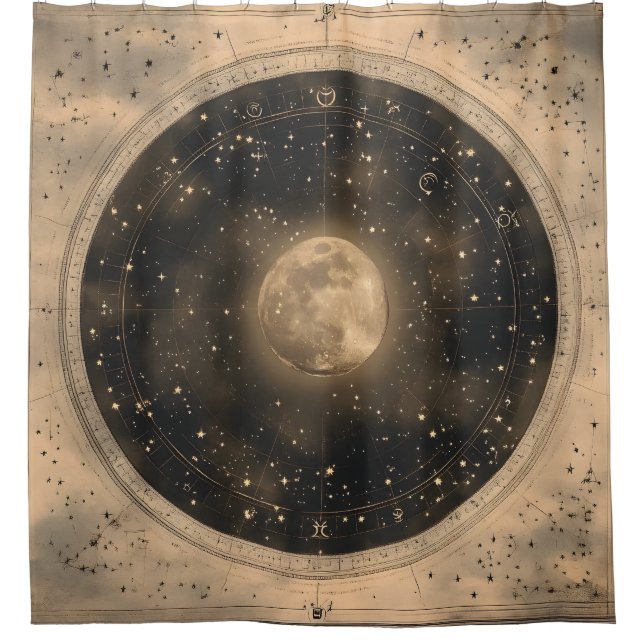 Rustikales Vintages Vollmond Celestial Design Duschvorhang (Vorderseite)