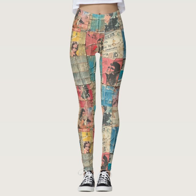 Rustikales Vintages Zeitungs-Patchwork-Collage (10 Leggings (Vorderseite)