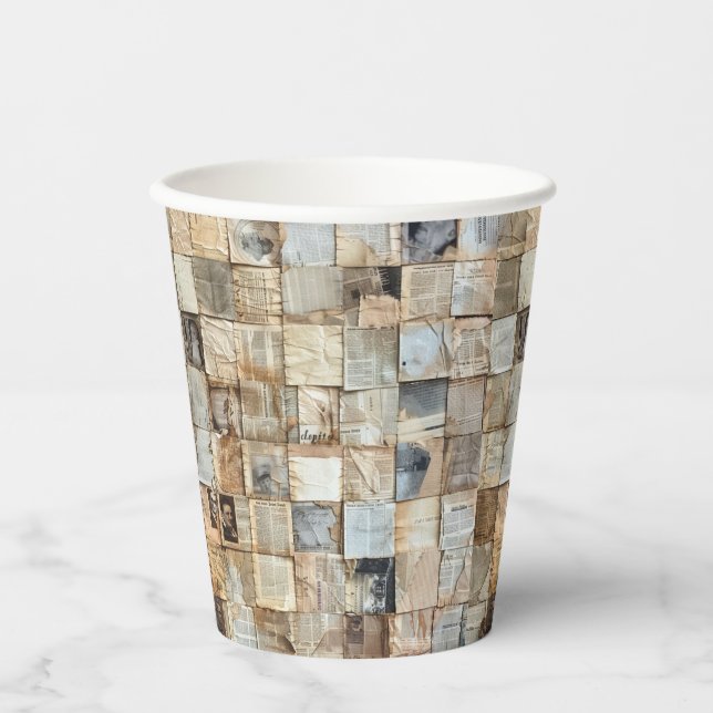 Rustikales Vintages Zeitungs-Patchwork-Collage (10 Pappbecher (Vorderseite)