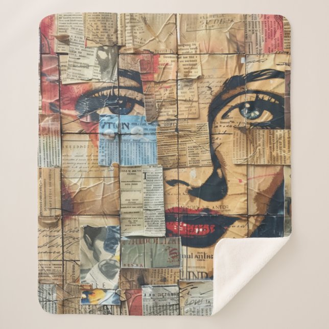 Rustikales Vintages Zeitungs-Patchwork-Collage (11 Sherpadecke (Vorderseite)