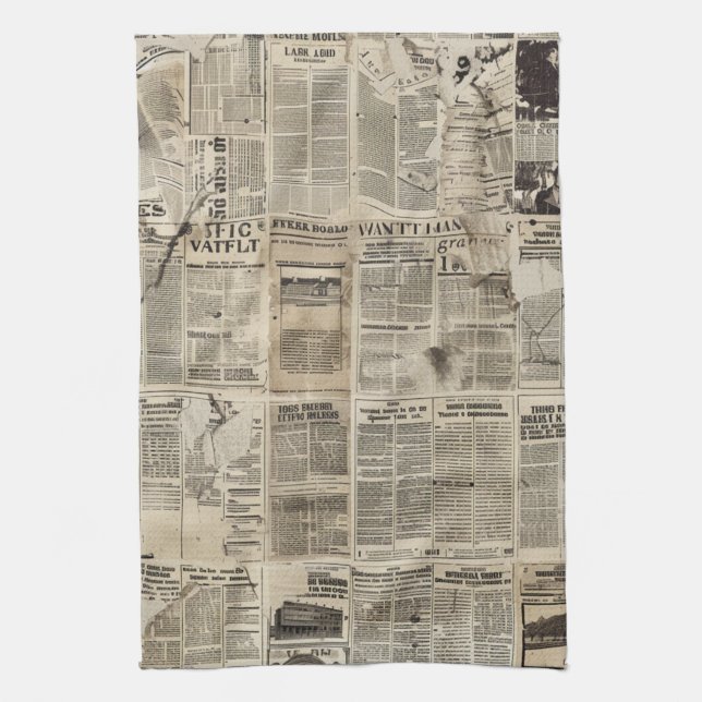 Rustikales Vintages Zeitungs-Patchwork-Collage (1) Geschirrtuch (Vertikal)