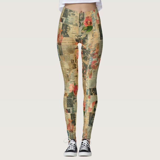 Rustikales Vintages Zeitungs-Patchwork-Collage (2) Leggings (Vorderseite)