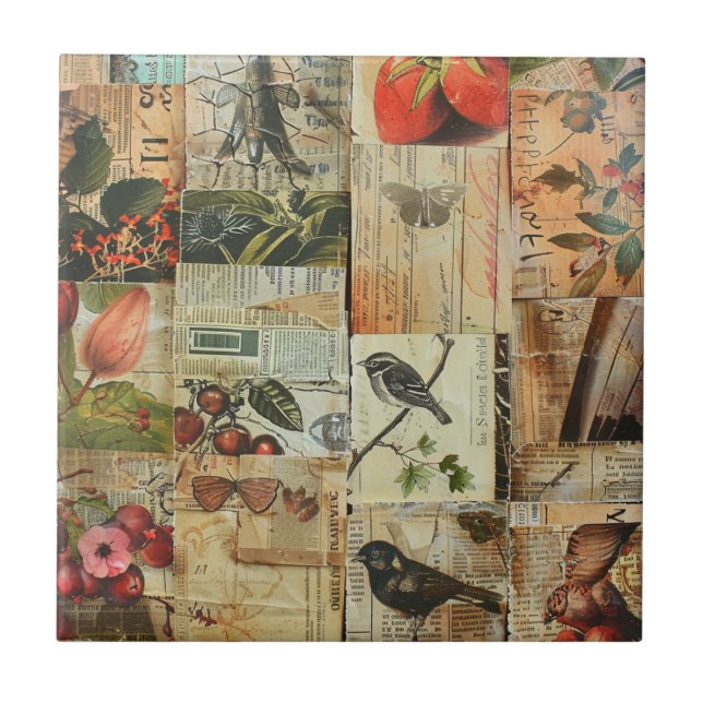 Rustikales Vintages Zeitungs-Patchwork-Collage (4) Fliese (Vorderseite)