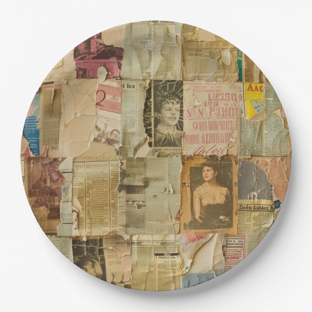 Rustikales Vintages Zeitungs-Patchwork-Collage (6) Pappteller (Vorderseite)